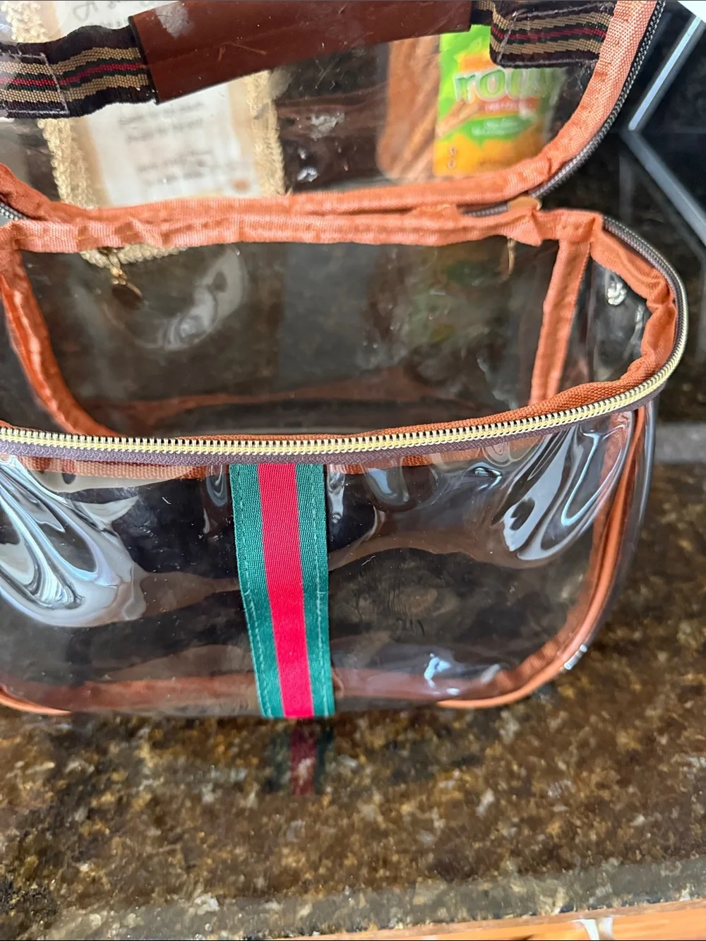 Clear PVC Cosmetic Case with Brown Trim and Green-Red Stripe